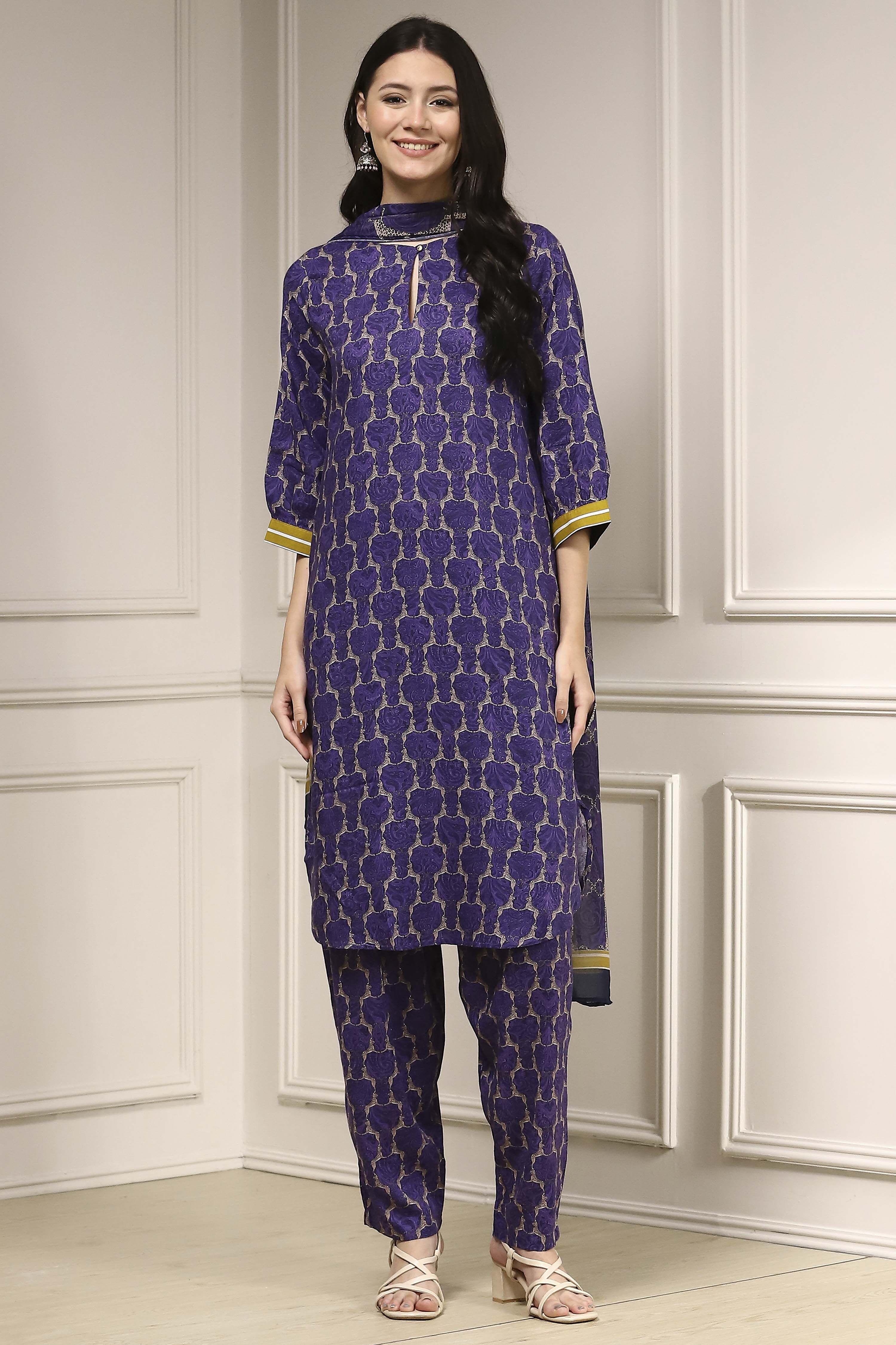 Indigo Blue Printed Straight Suit Set image number 6