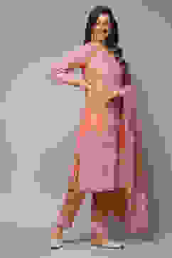 Light Coral Cotton Straight Kurta Pants Suit Set image number 4