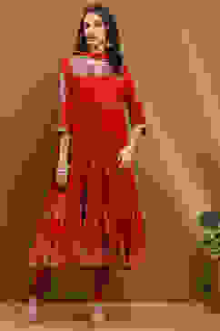 Red Cotton Embroidered Tiered Anarkali Suit Set image number 6