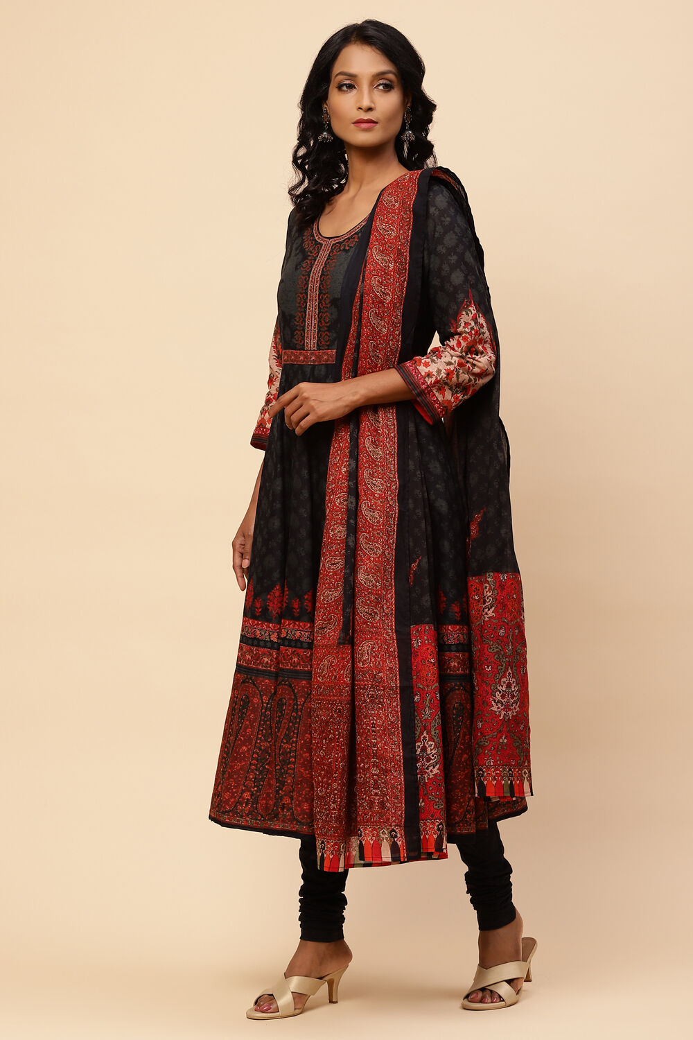 Black Cotton Anarkali Kurta Churidar Suit Set image number 5