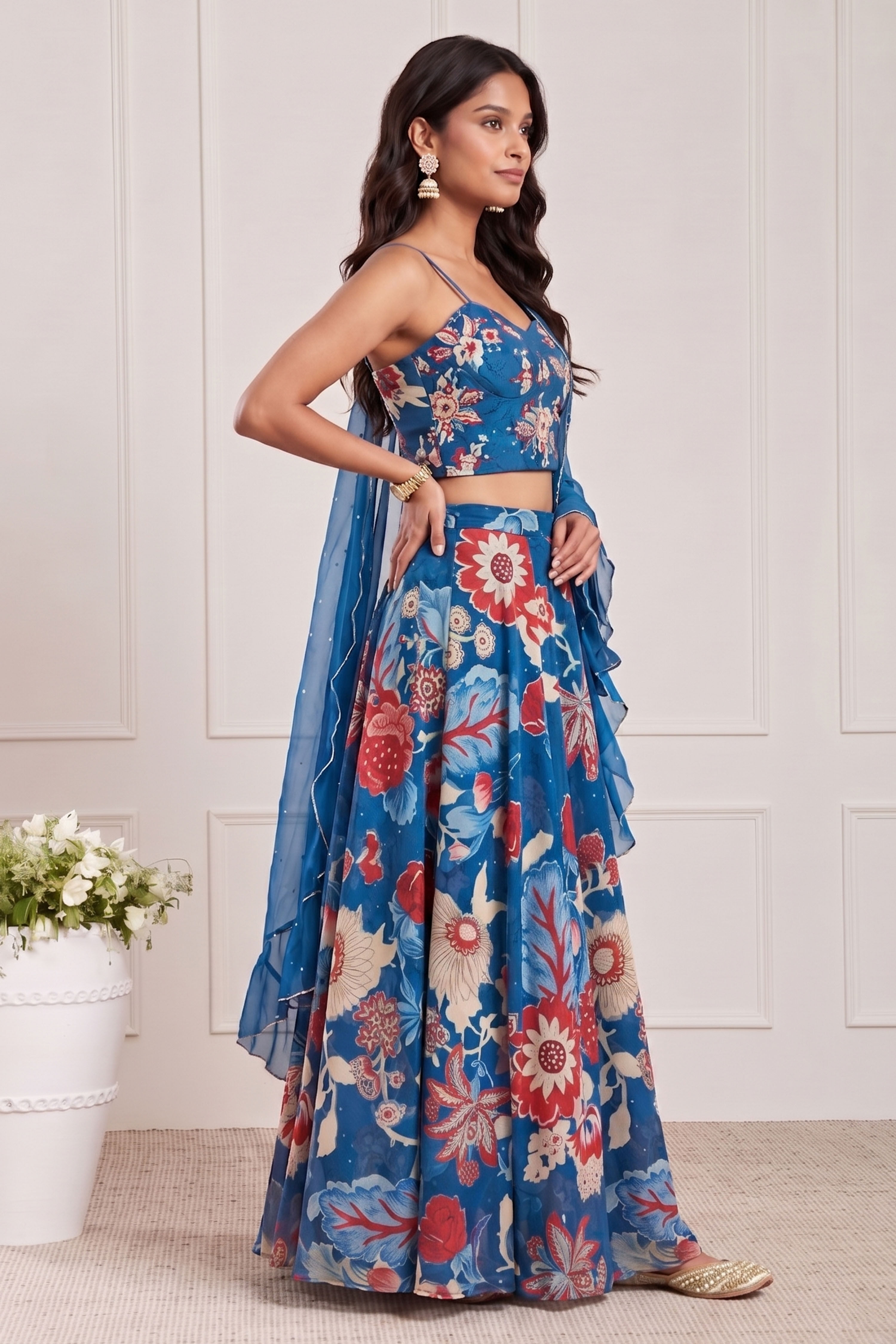 Blue Viscose Rayon Printed Lehenga Set image number 6
