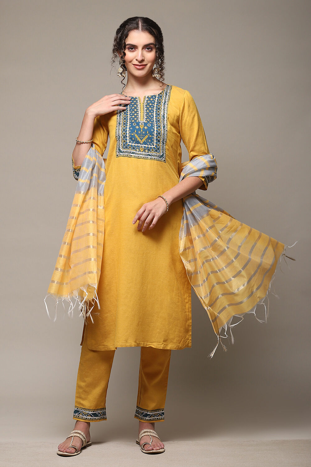 Mustard Rayon Straight Kurta Regular Pants Suit Set image number 0
