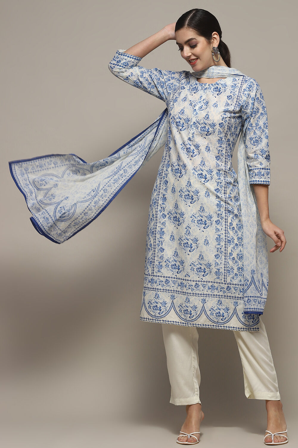 Off-White and Blue Cotton Floral Straight Suit Set image number 0