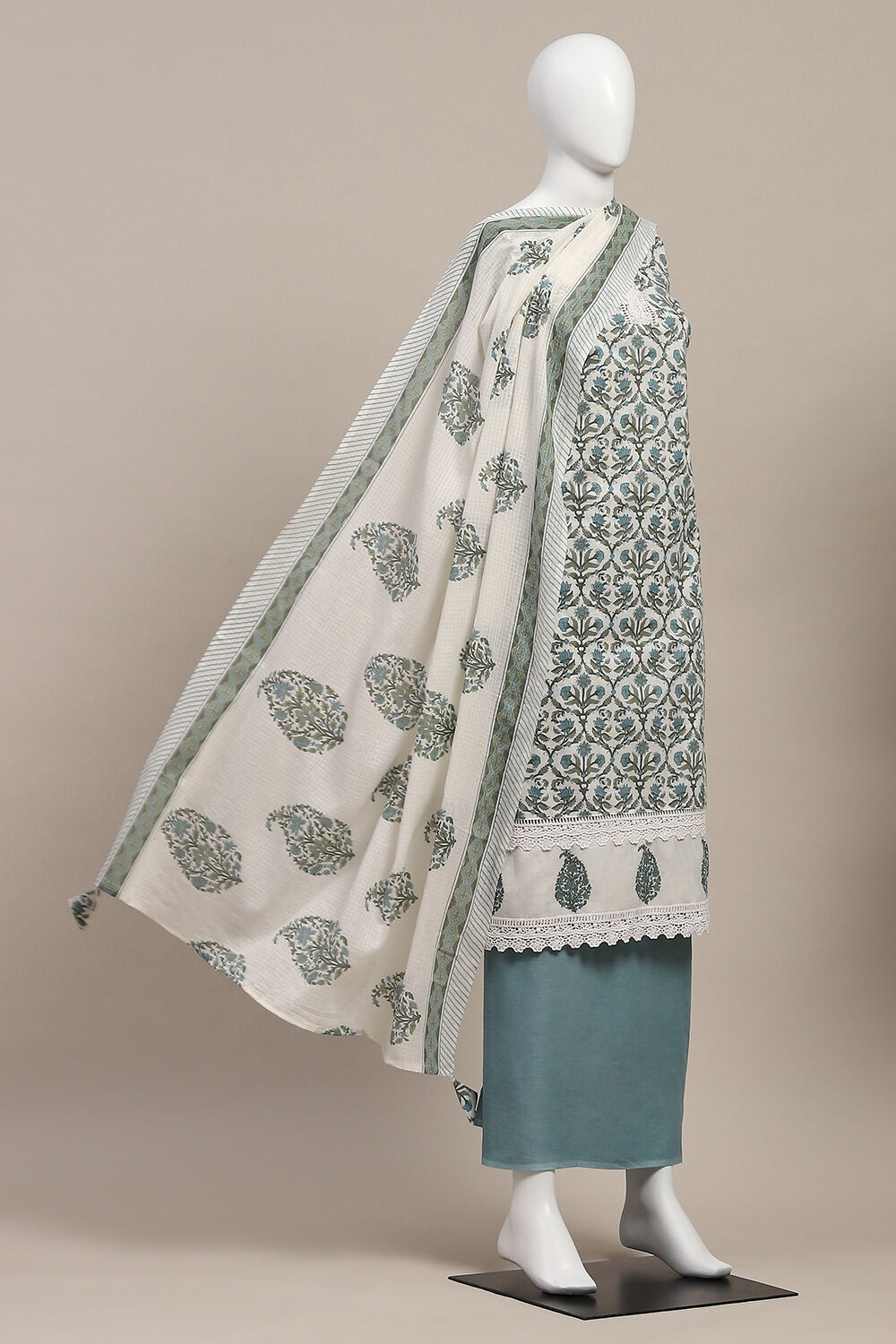 White Cotton Printed Unstitched Kurta Set image number 4