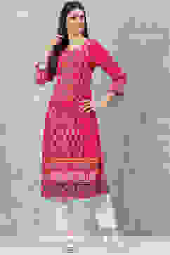 Pink LIVA Straight Printed Kurta image number 5