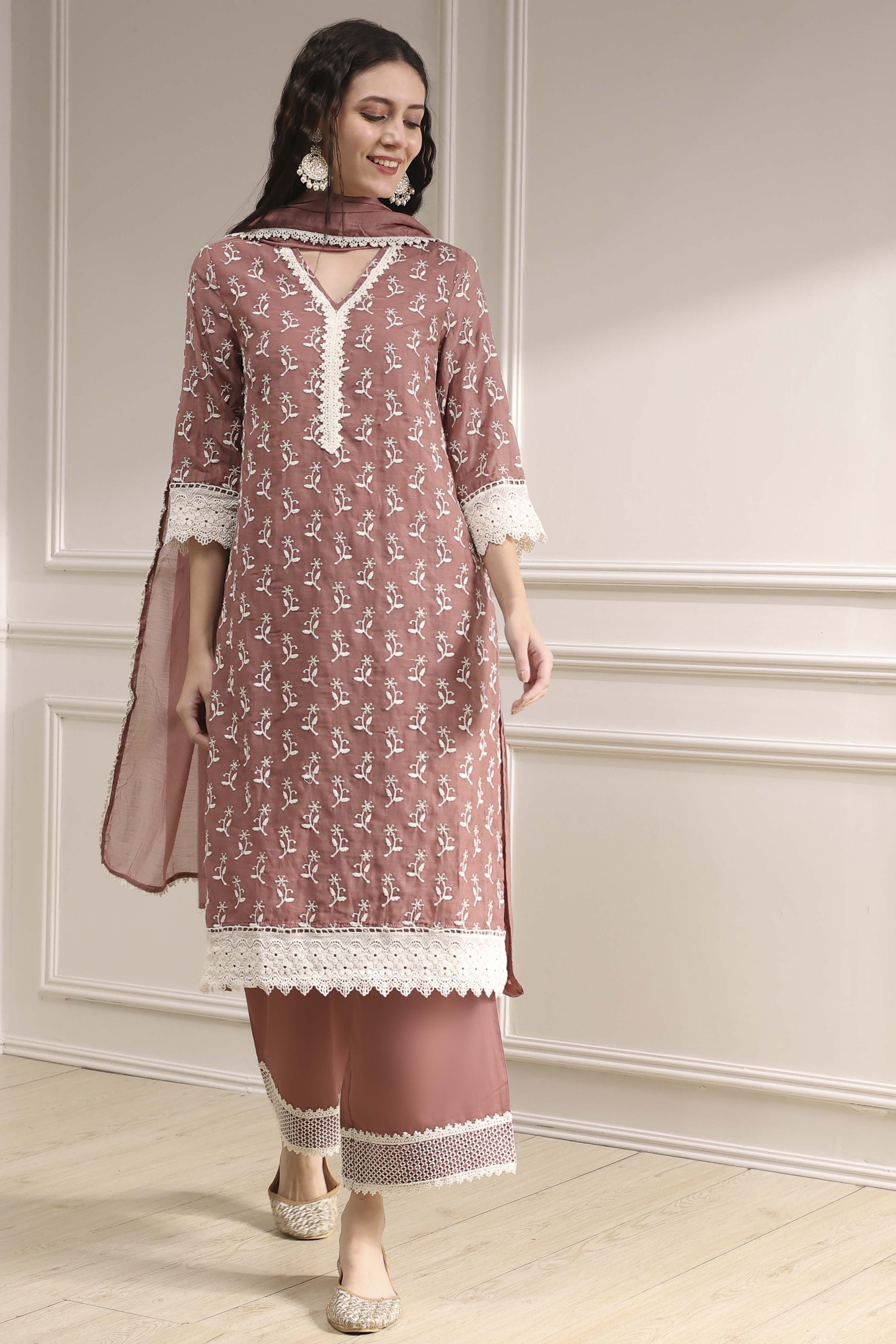 Nude-Toned Chanderi Straight Suit Set image number 0