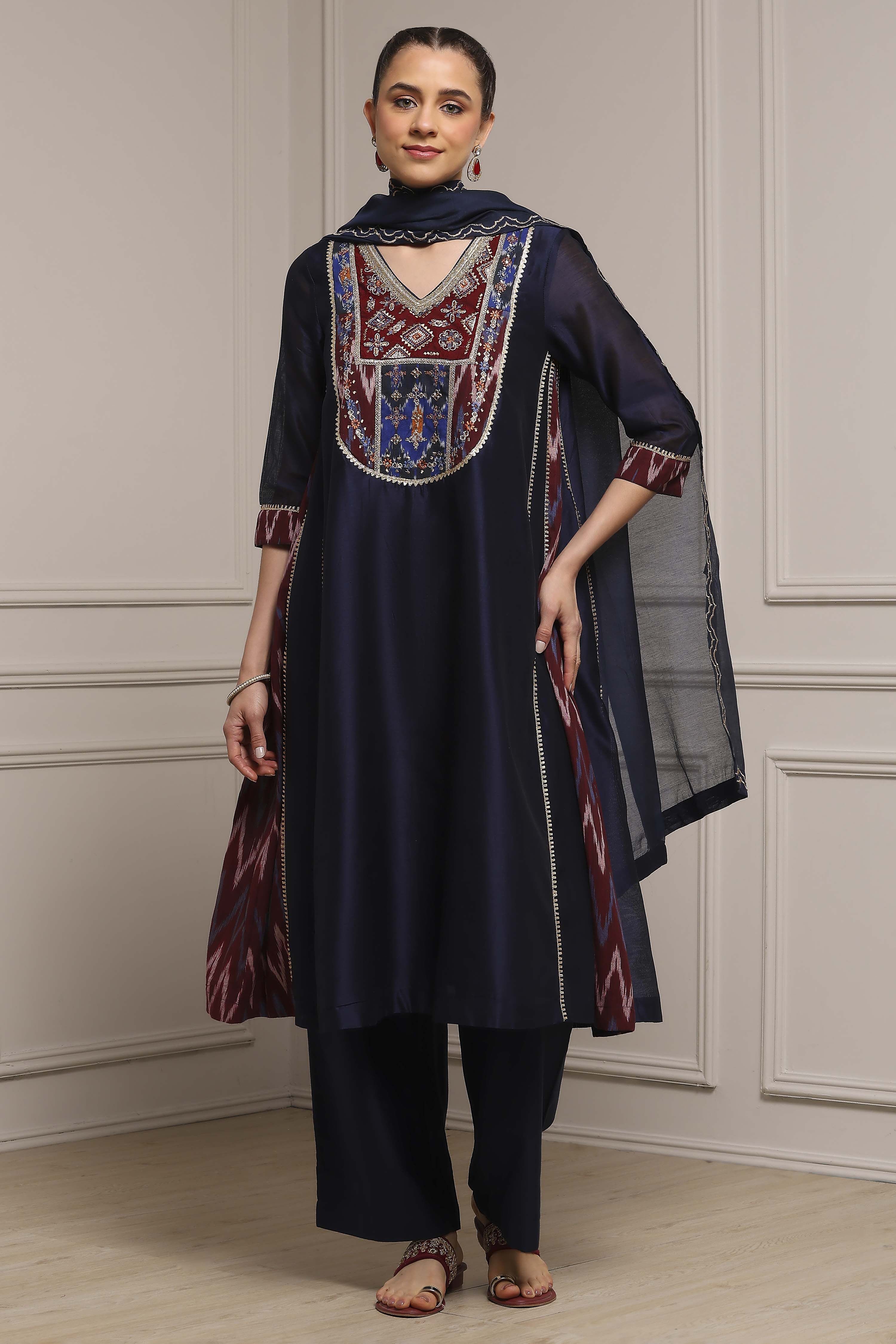Blue Silk Chanderi Printed Embroidered A-Line Kurta Set image number 6