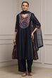 Blue Silk Chanderi Printed Embroidered A-Line Kurta Set image number 6