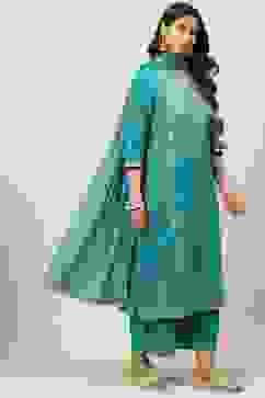 Peacock Green Cotton Straight Kurta Palazzo Suit Set image number 5