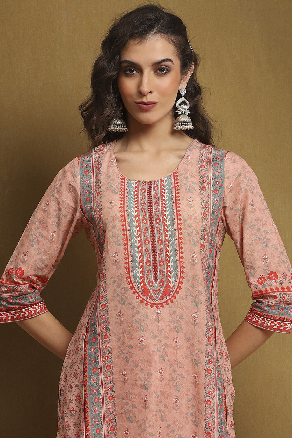 Moss Green Cotton Floral Printed Straight Suit Set image number 1