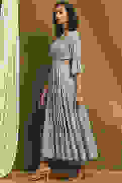 Aqua Green Poly Chiffon Embroidered Festive Tiered Dress image number 2