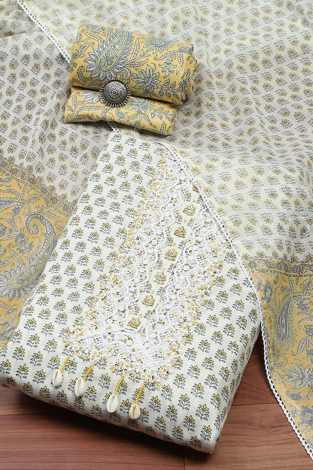 Yellow Cotton Printed Unstitched Kurta Set image number 0