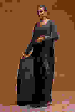 Black Poly Satin Fitted Embroidered Pre-Draped Saree image number 2