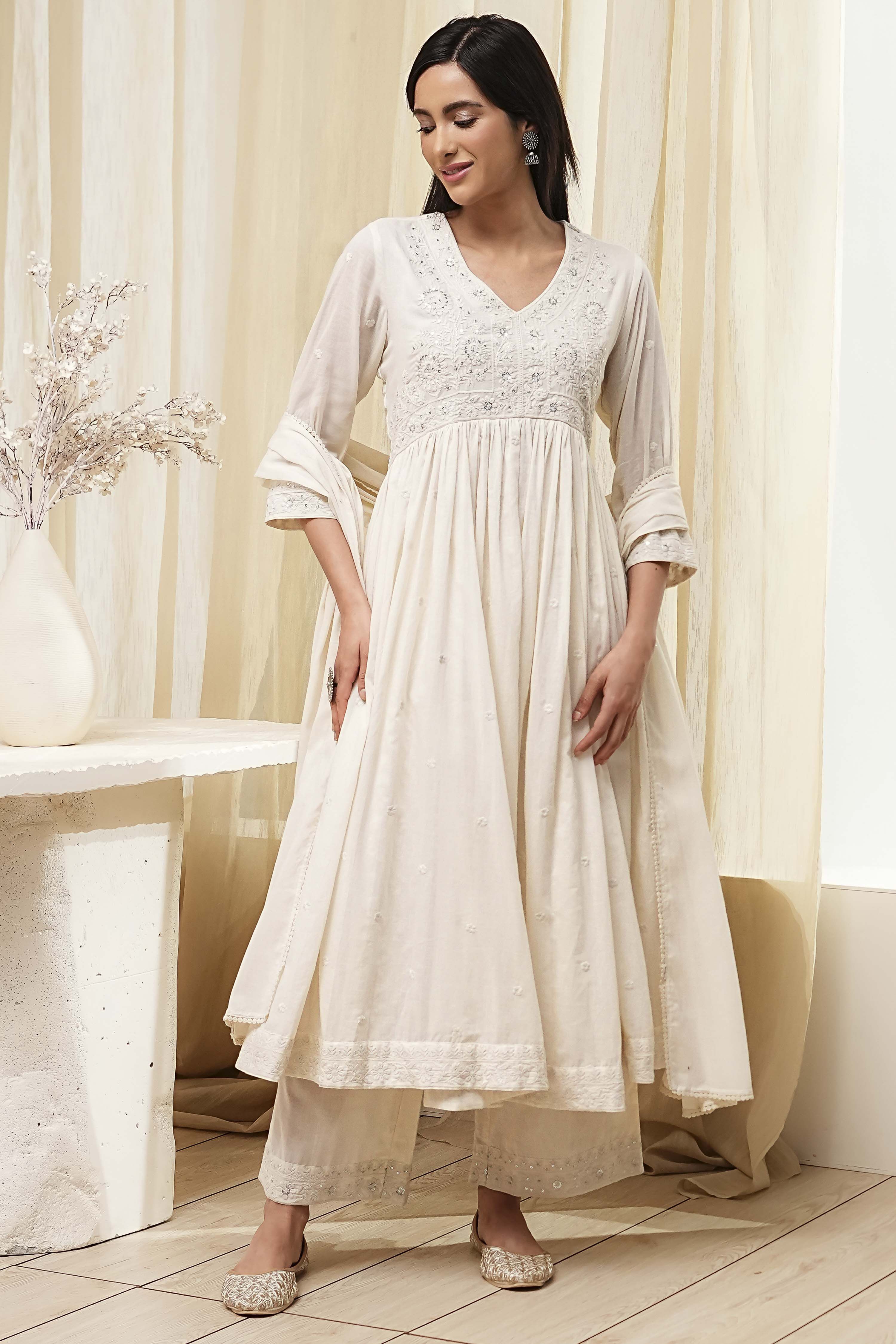 Off-White Cotton Embroidered Gathered Suit Set image number 6