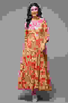 Beige Cotton Tiered Printed Dress image number 1