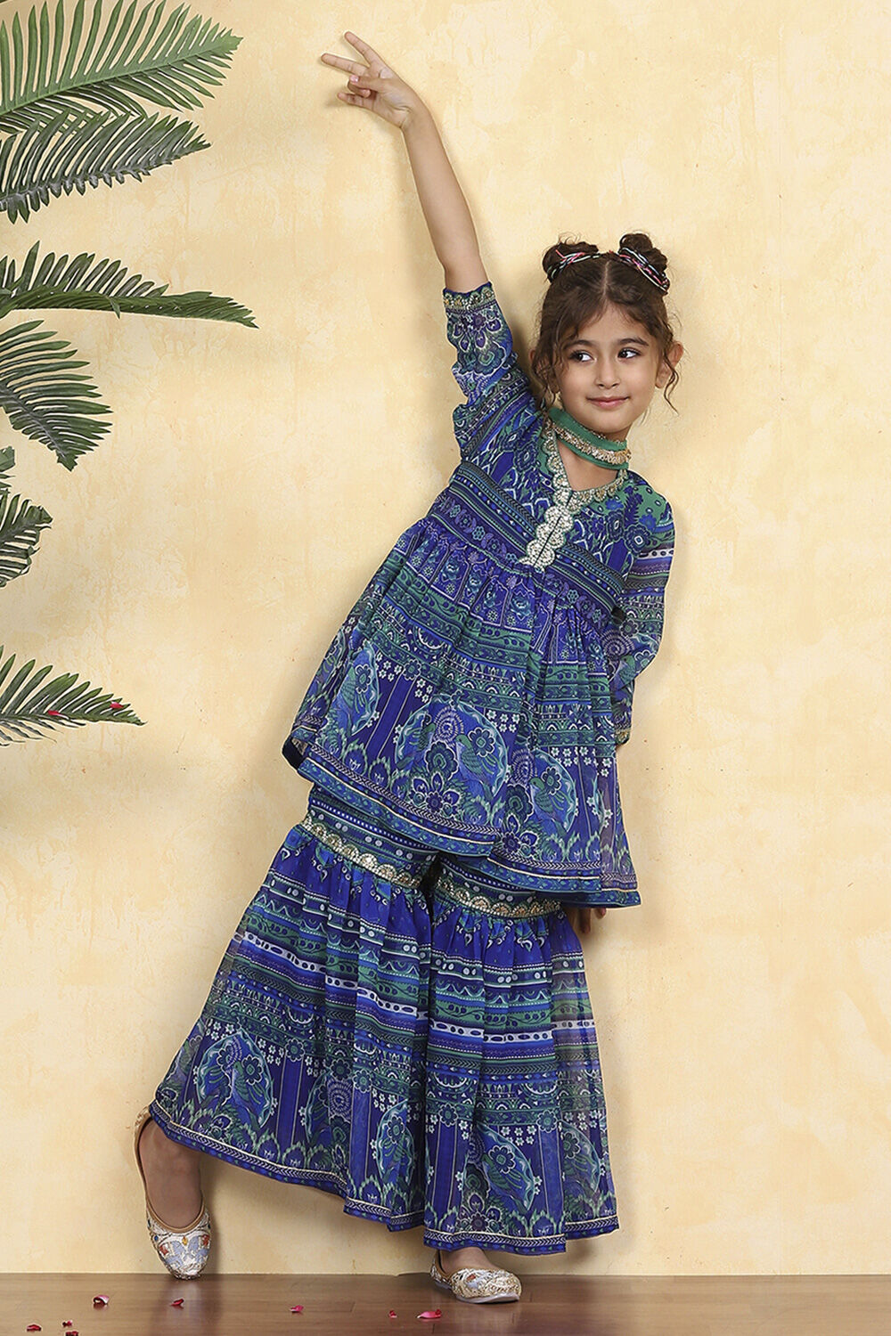 Blue Polyester Printed Gathered Sharara Suit Set image number 7