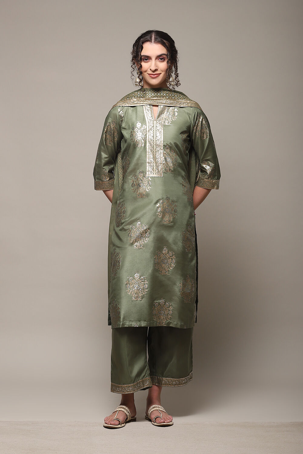 Sap Green Art Silk Straight Kurta Palazzo Suit Set image number 7