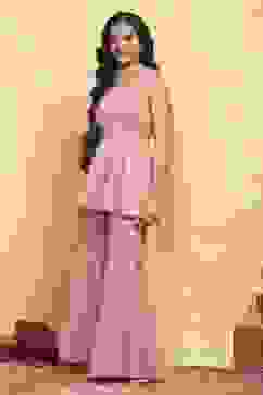 Peach Polyester Embroidered Straight Sharara Suit Set image number 3