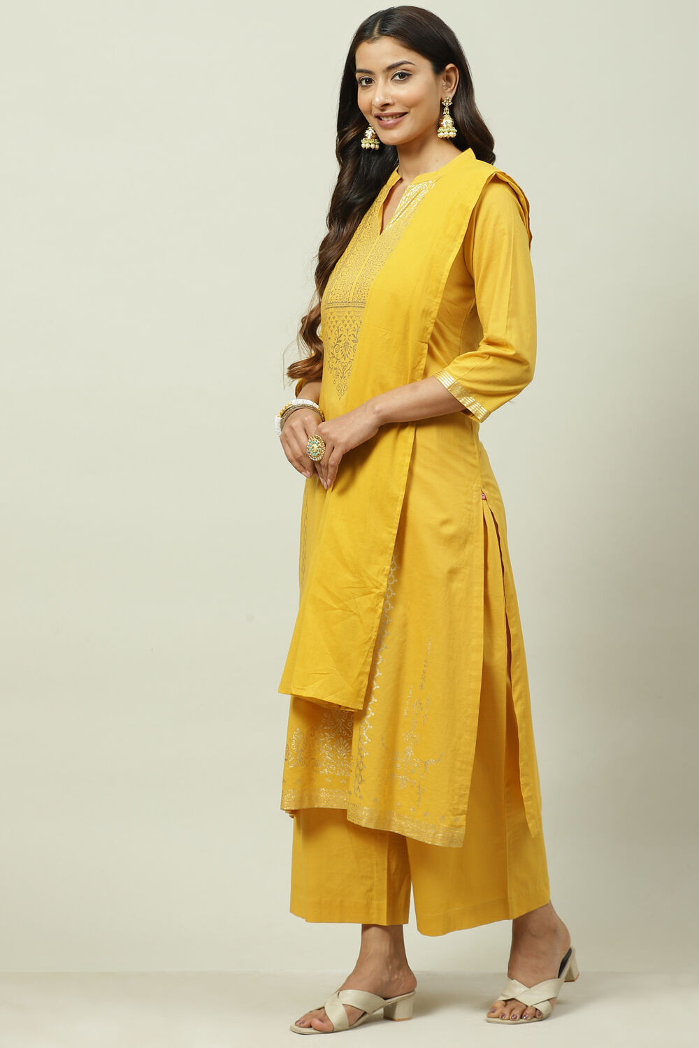 Mustard Printed Cotton Straight Kurta Palazzo Suit Set image number 5