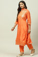 Orange Printed Viscose Straight Kurta Regular Pants Suit Set image number 5