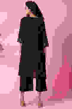 Black Cotton Flax Straight Kurta Pants Set image number 3