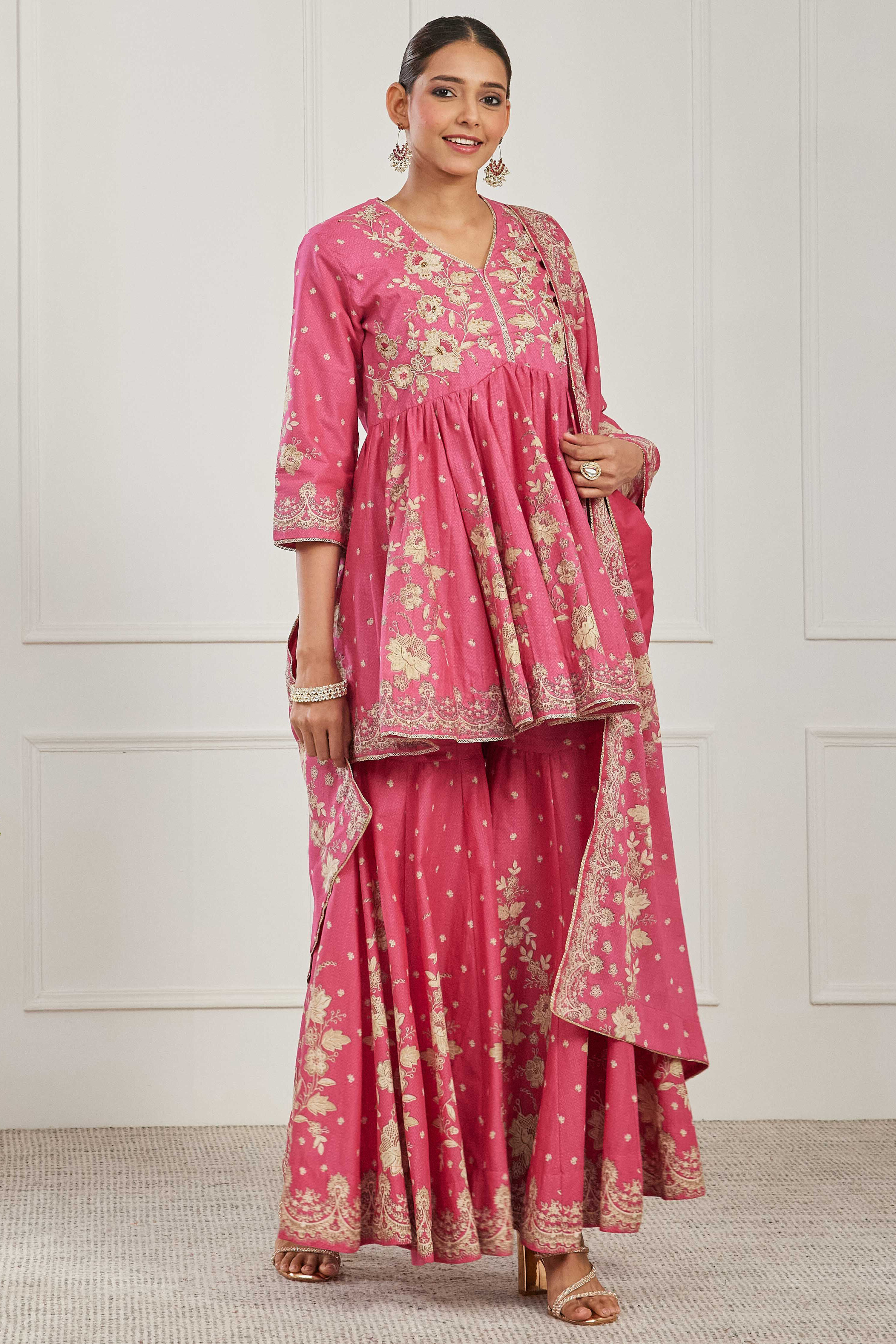 Pink Cotton Floral Embroidered Garara Kurta Set image number 6