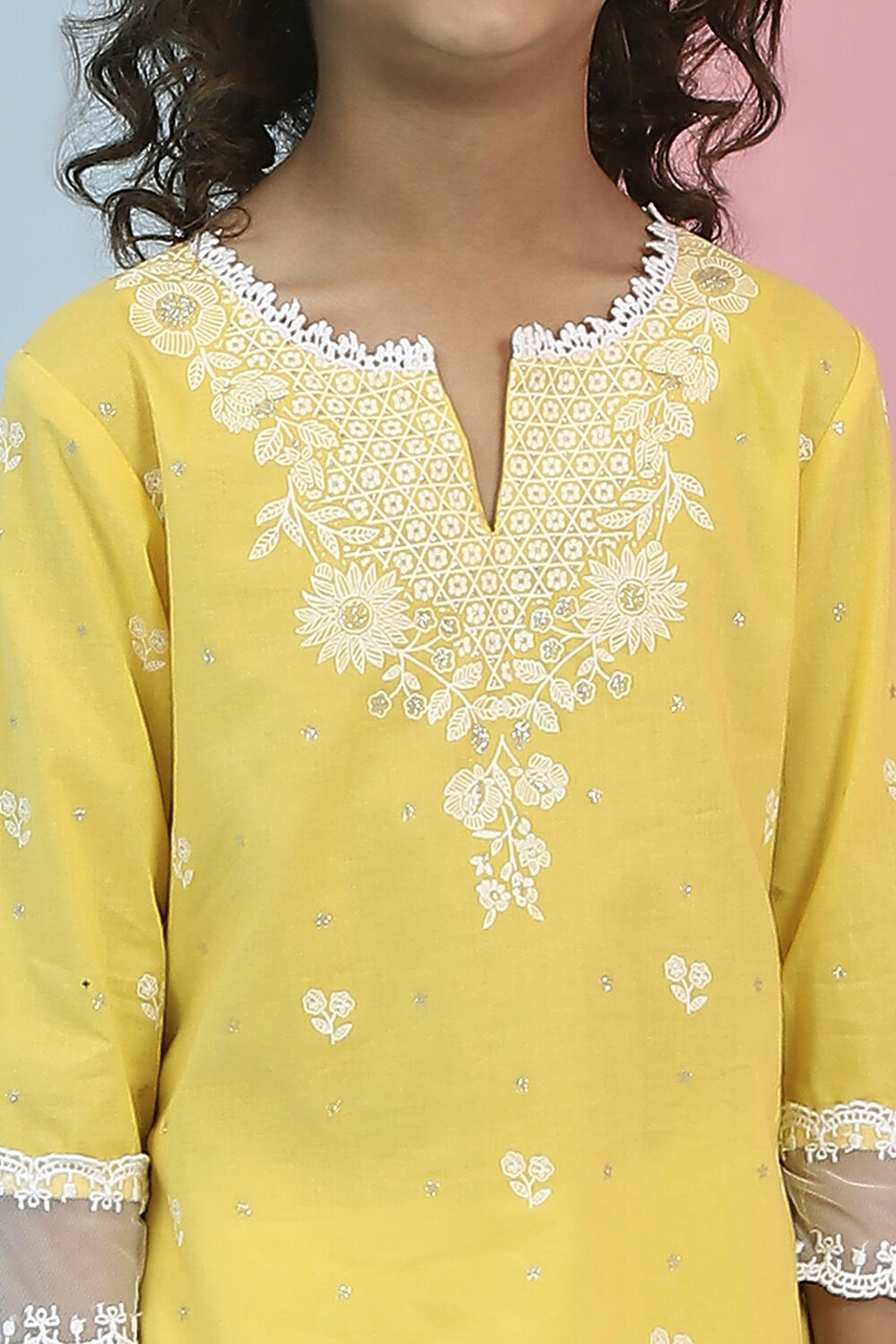 Yellow and White Cotton Printed Straight Kurta Set image number 1