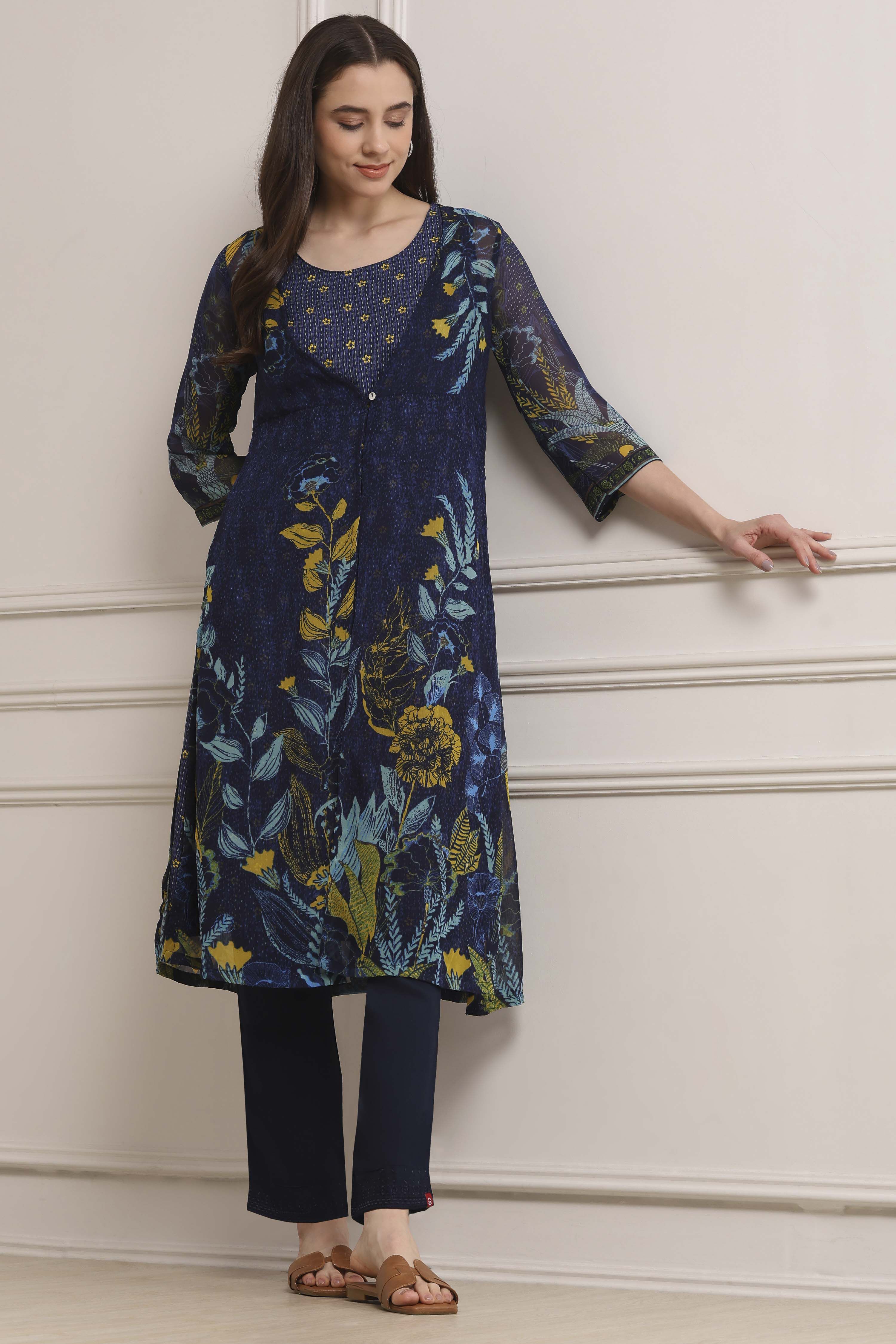 Navy Polyester Straight Kurta Pants Set image number 0