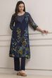 Navy Polyester Straight Kurta Pants Set image number 0