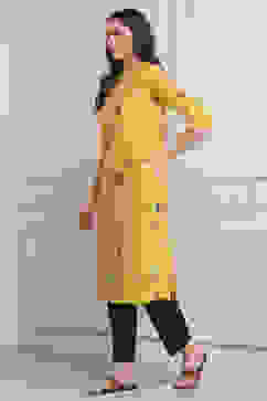 Yellow Poly Viscose Straight Kurta Pants Set image number 3