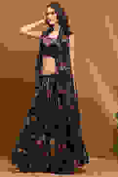 Black Georgette Floral Printed Flared Lehenga Set image number 7