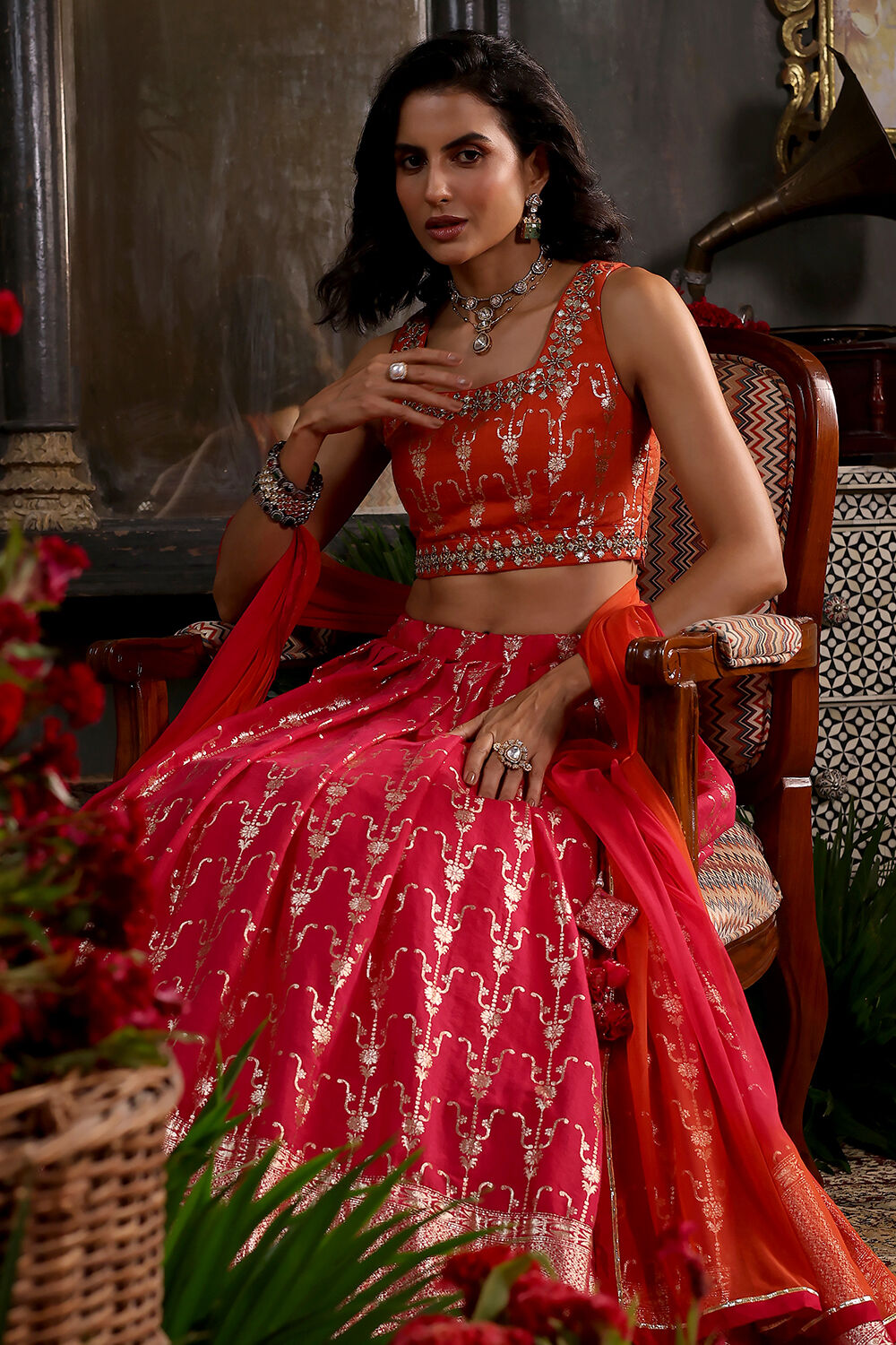 Pink and Orange Chanderi Jacquard Lehenga Set image number 6