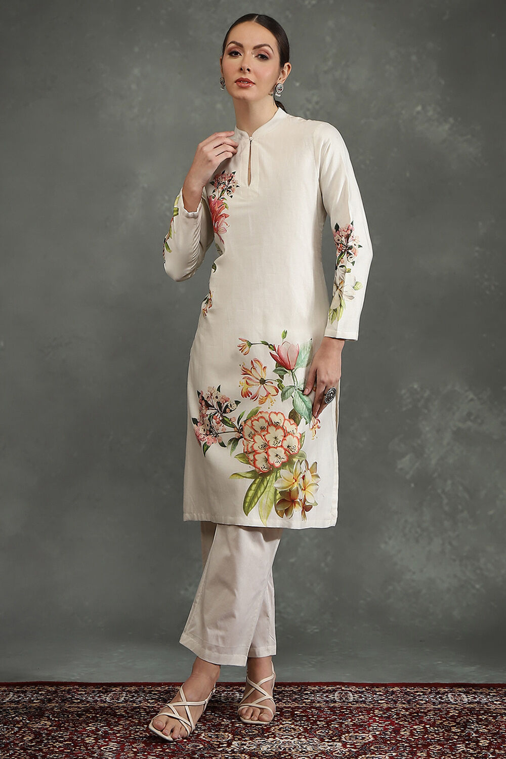 Ivory Silk Chanderi Floral Printed Straight Kurta Set image number 6