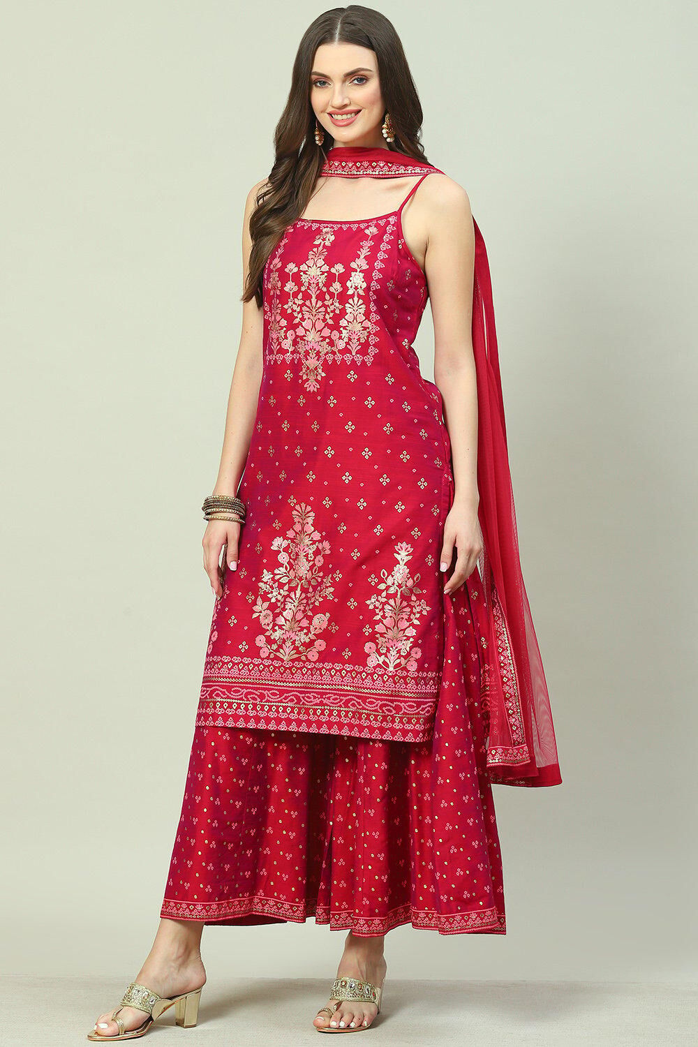 Magenta Cotton Blend Straight Printed Kurta Suit Set image number 4