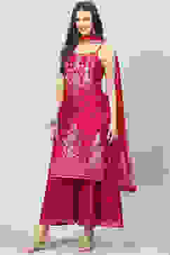 Magenta Cotton Blend Straight Printed Kurta Suit Set image number 4