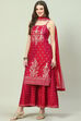 Magenta Cotton Blend Straight Printed Kurta Suit Set image number 4