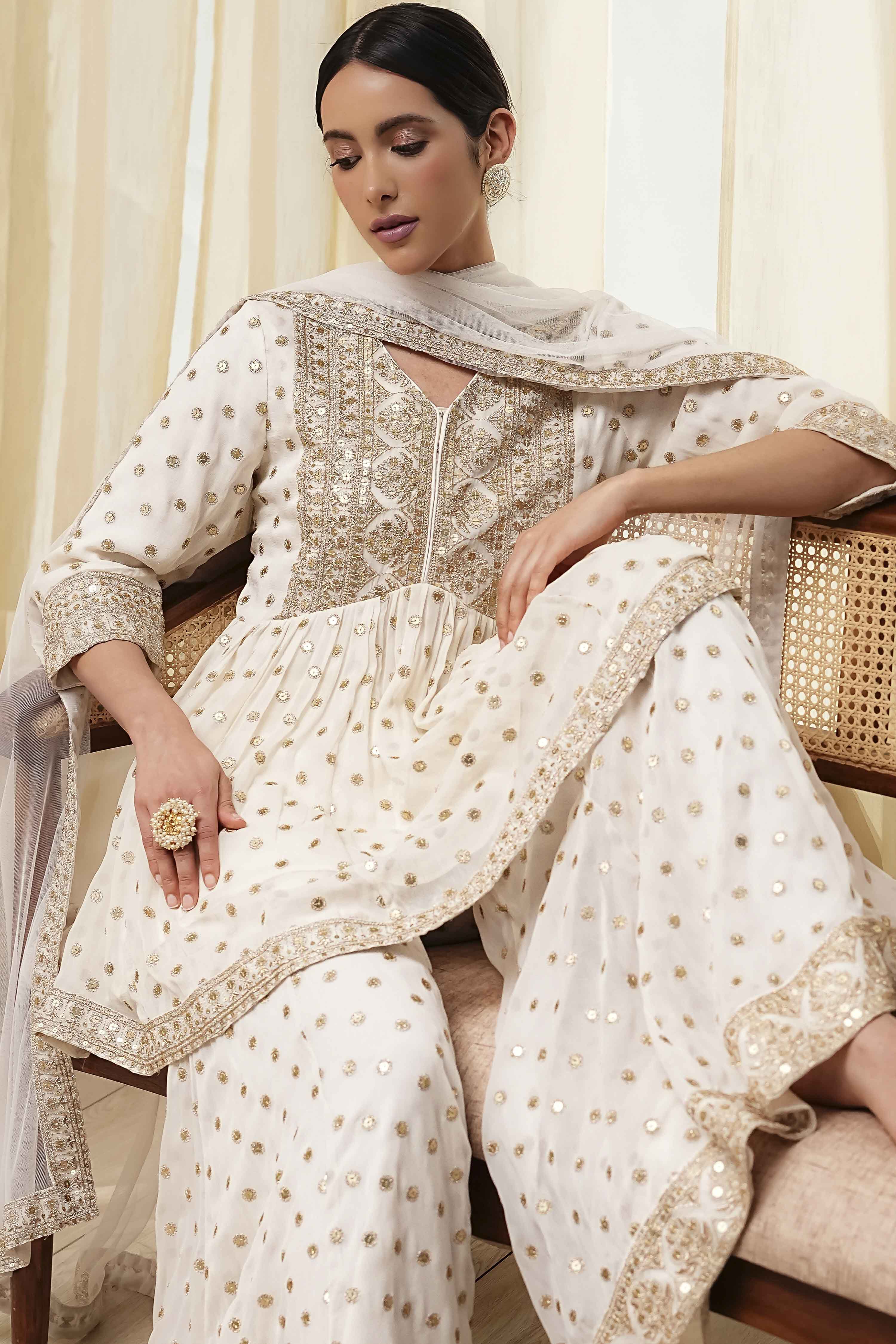 Ivory Georgette Embroidered Peplum Suit Set image number 9