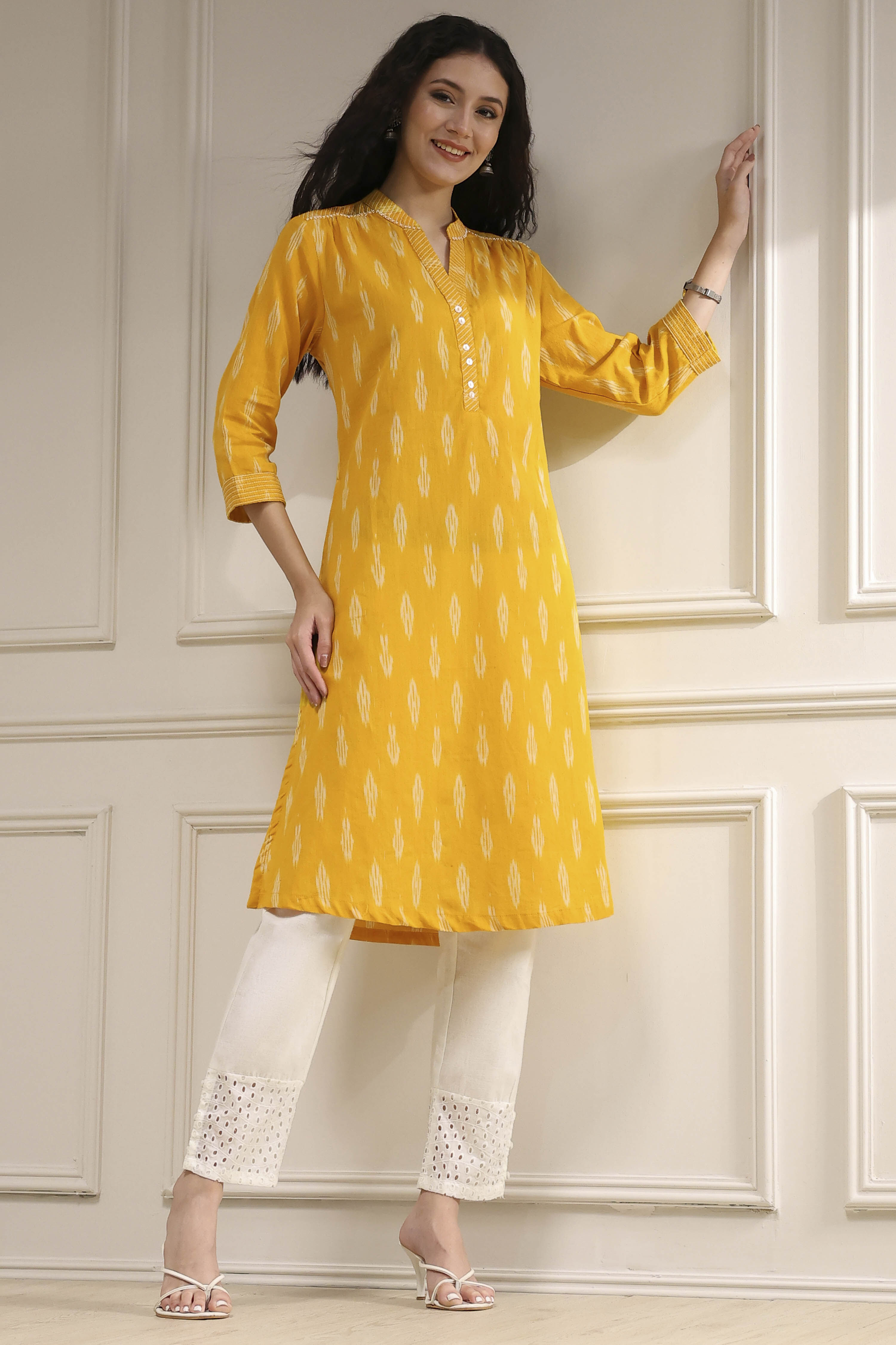 Yellow Cotton Ikat Straight Kurta image number 0