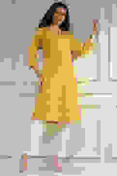 Yellow Cotton Ikat Straight Kurta image number 0
