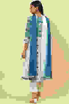 Blue White Cotton Flared Kurta Slim Pant Suit Set image number 4