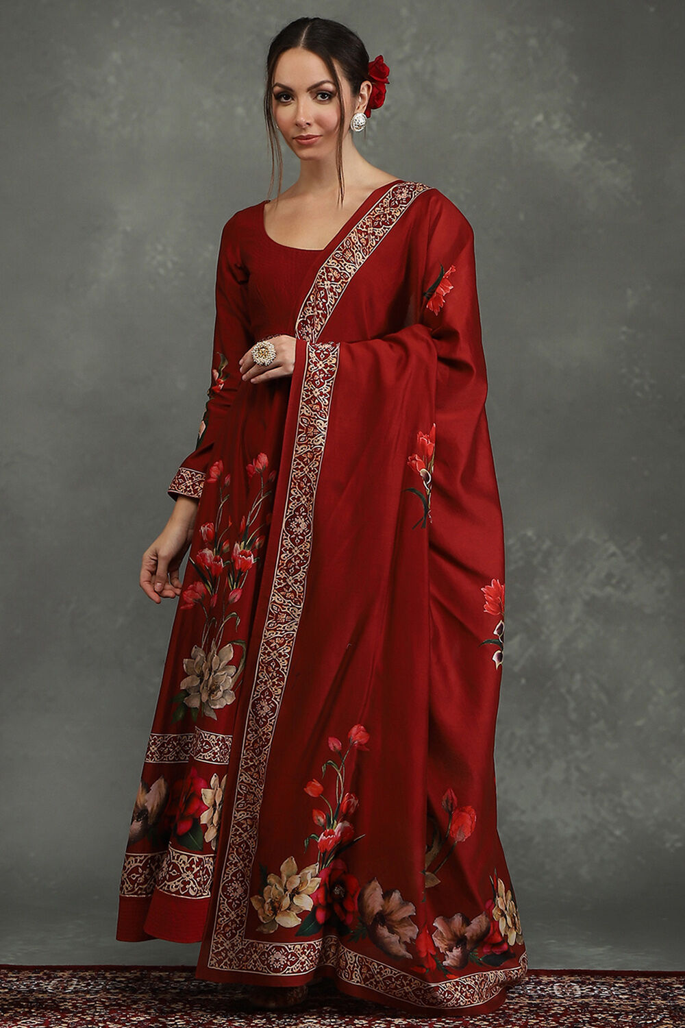 Maroon Silk Chanderi Floral Anarkali Suit Set image number 5