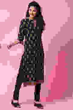 Black Cotton Kurta Churidar Set image number 4