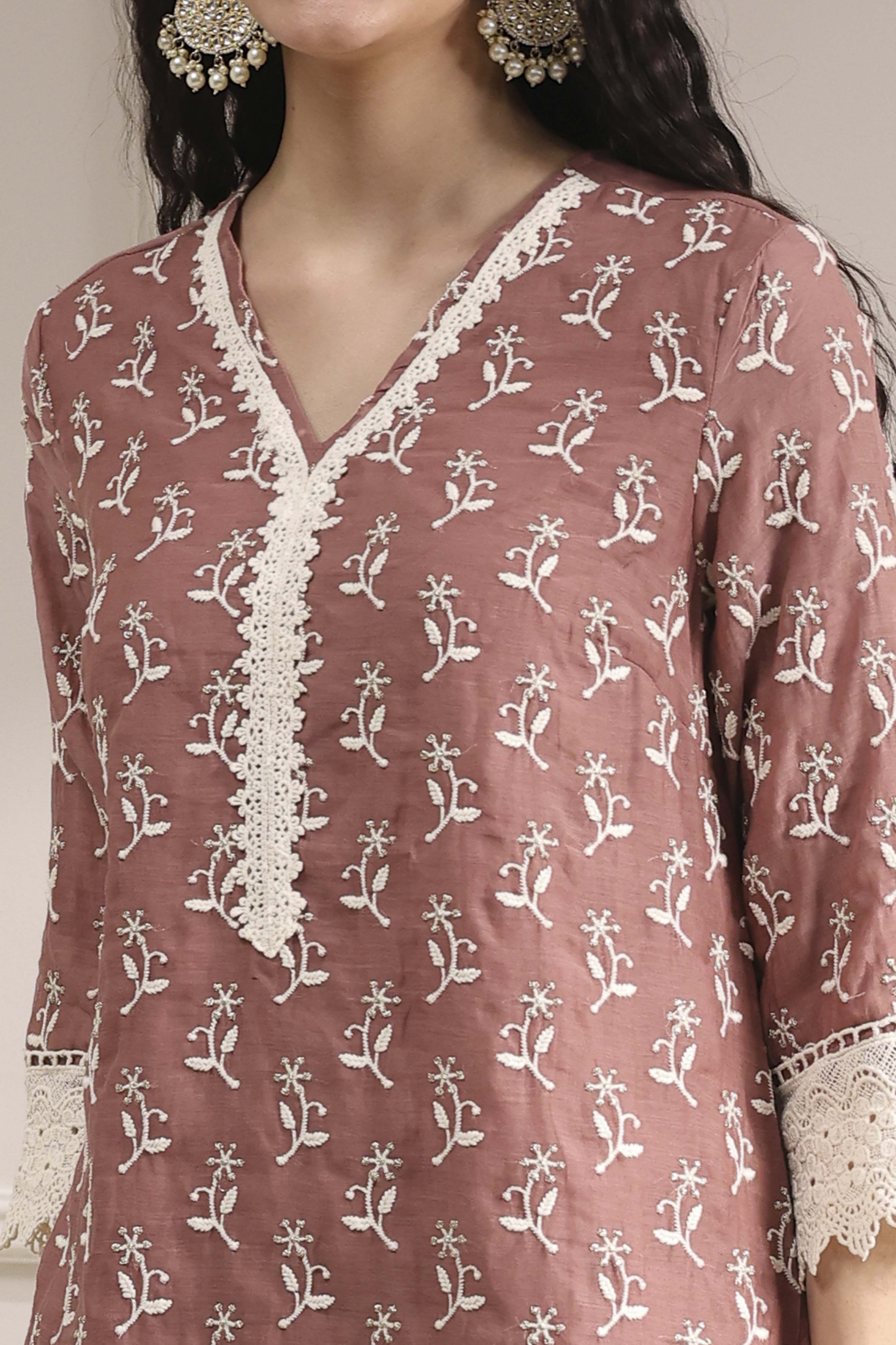 Nude-Toned Chanderi Straight Suit Set image number 1
