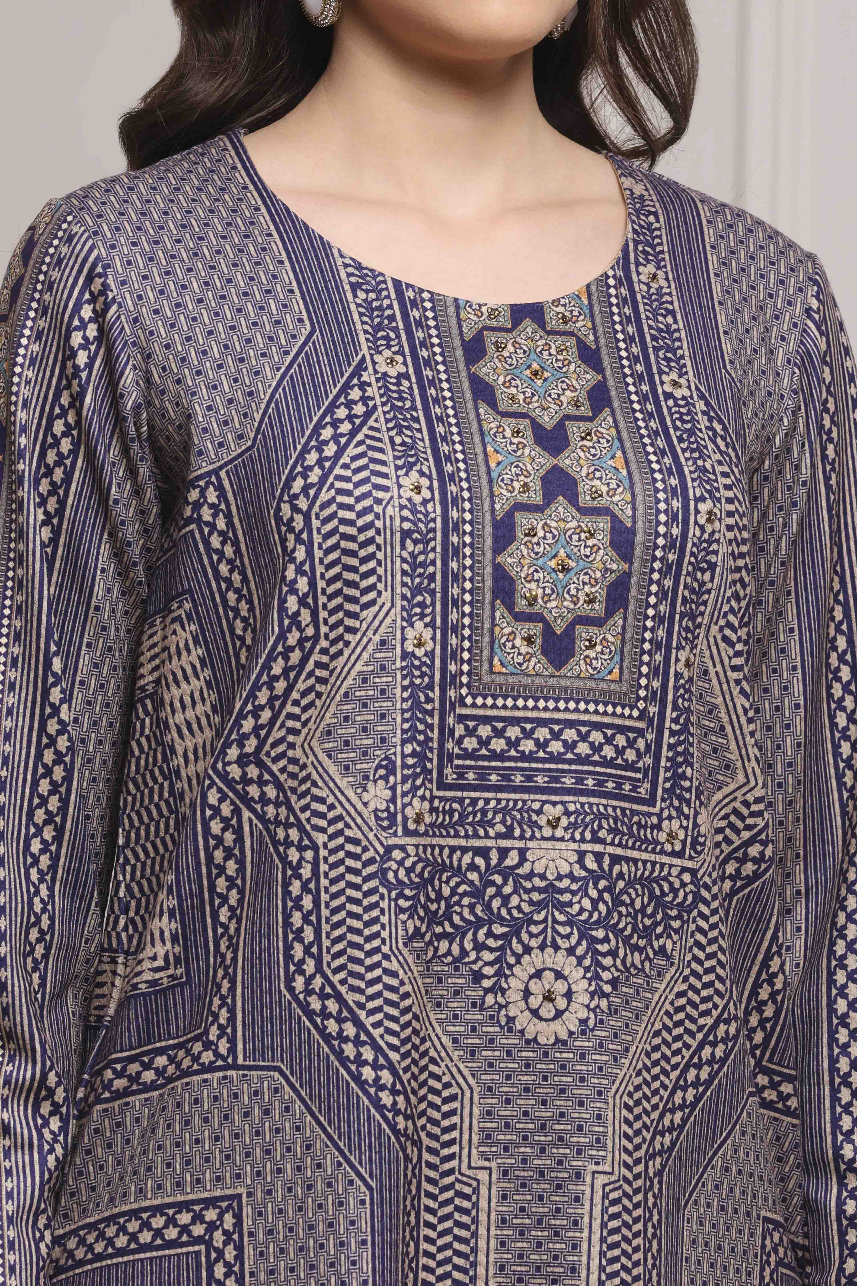 Blue Polyester Straight Printed Kurta Set image number 1