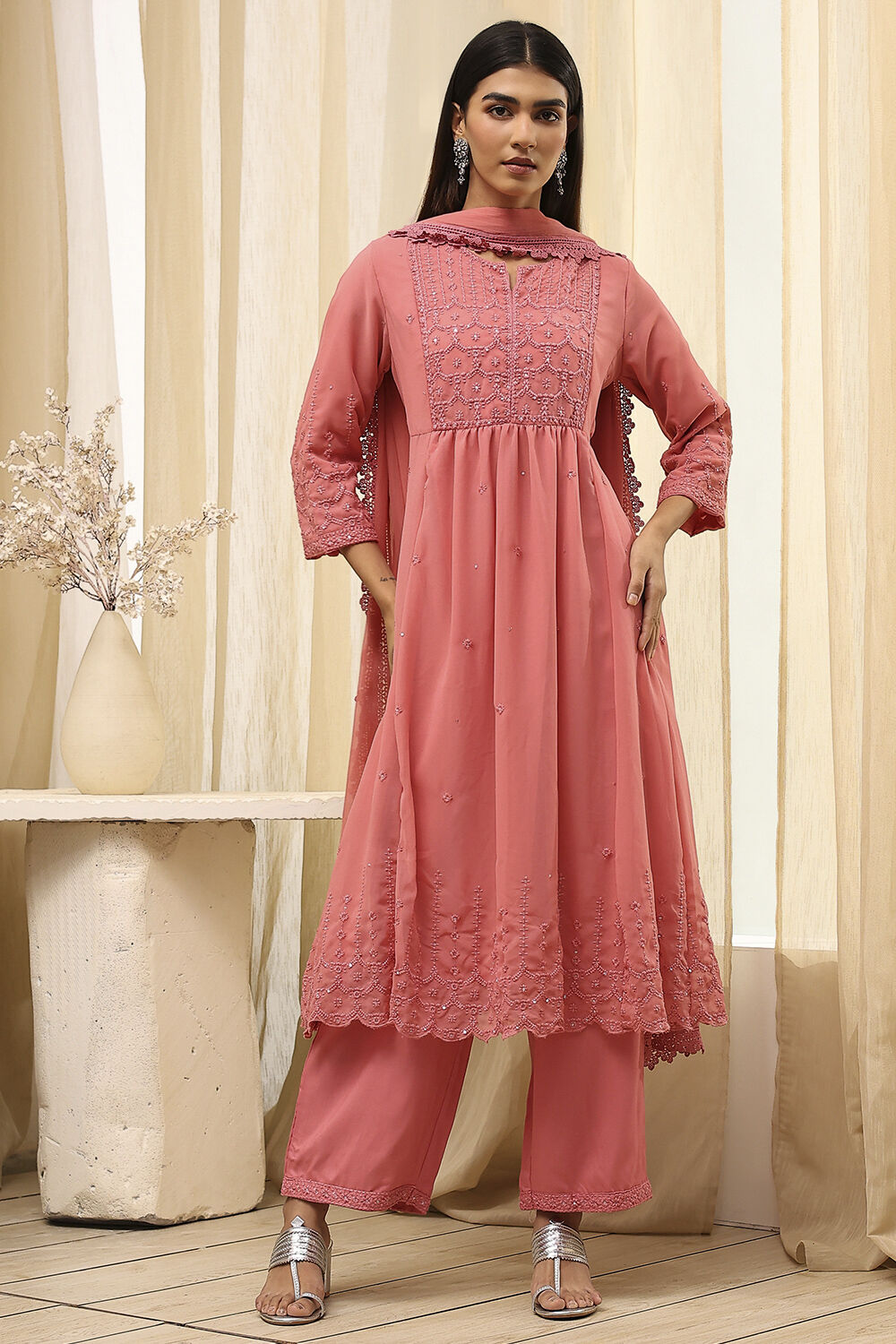 Pink Embroidered Flared Suit Set image number 6