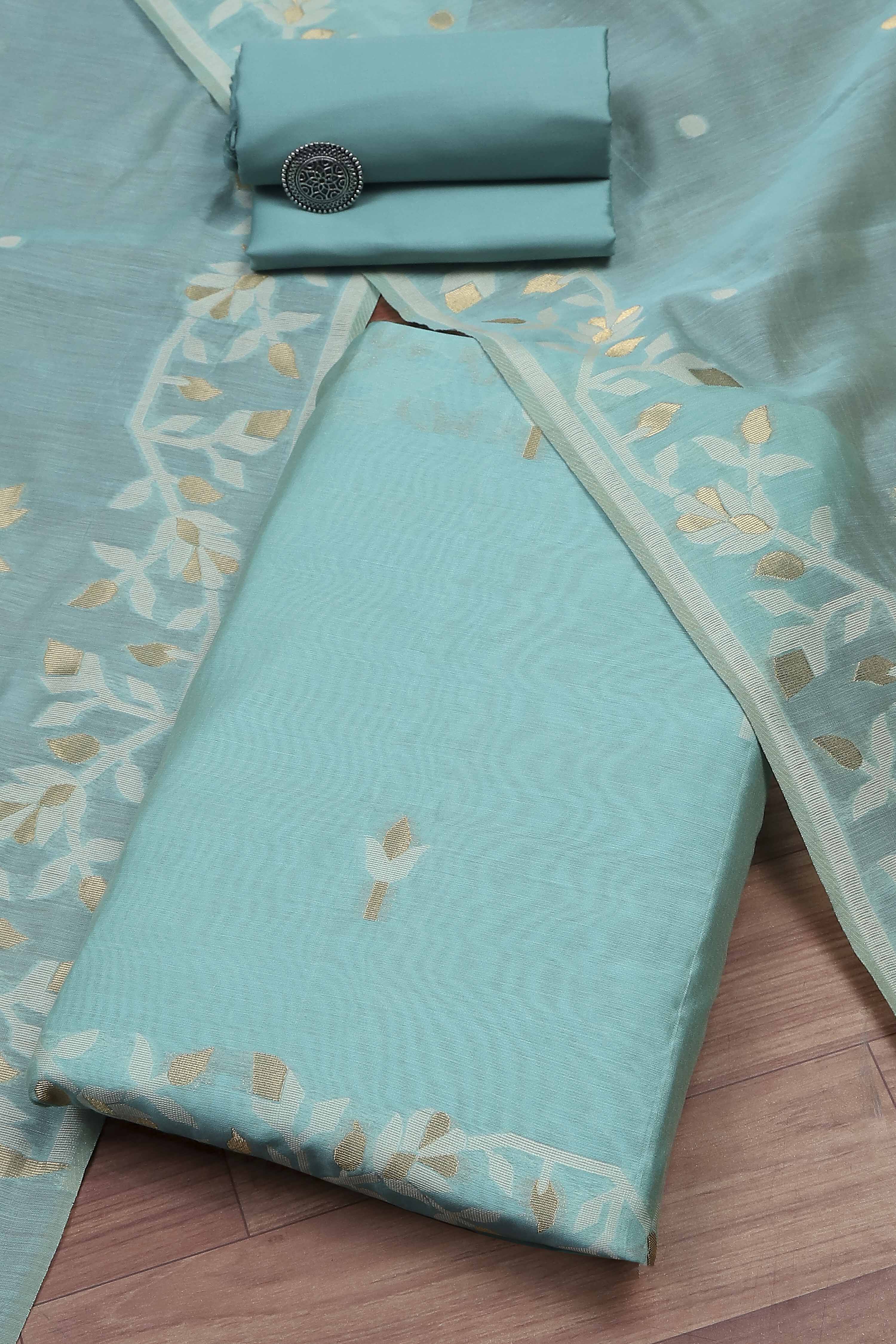 Blue Cotton Jamdani Unstitched Suit Set image number 0