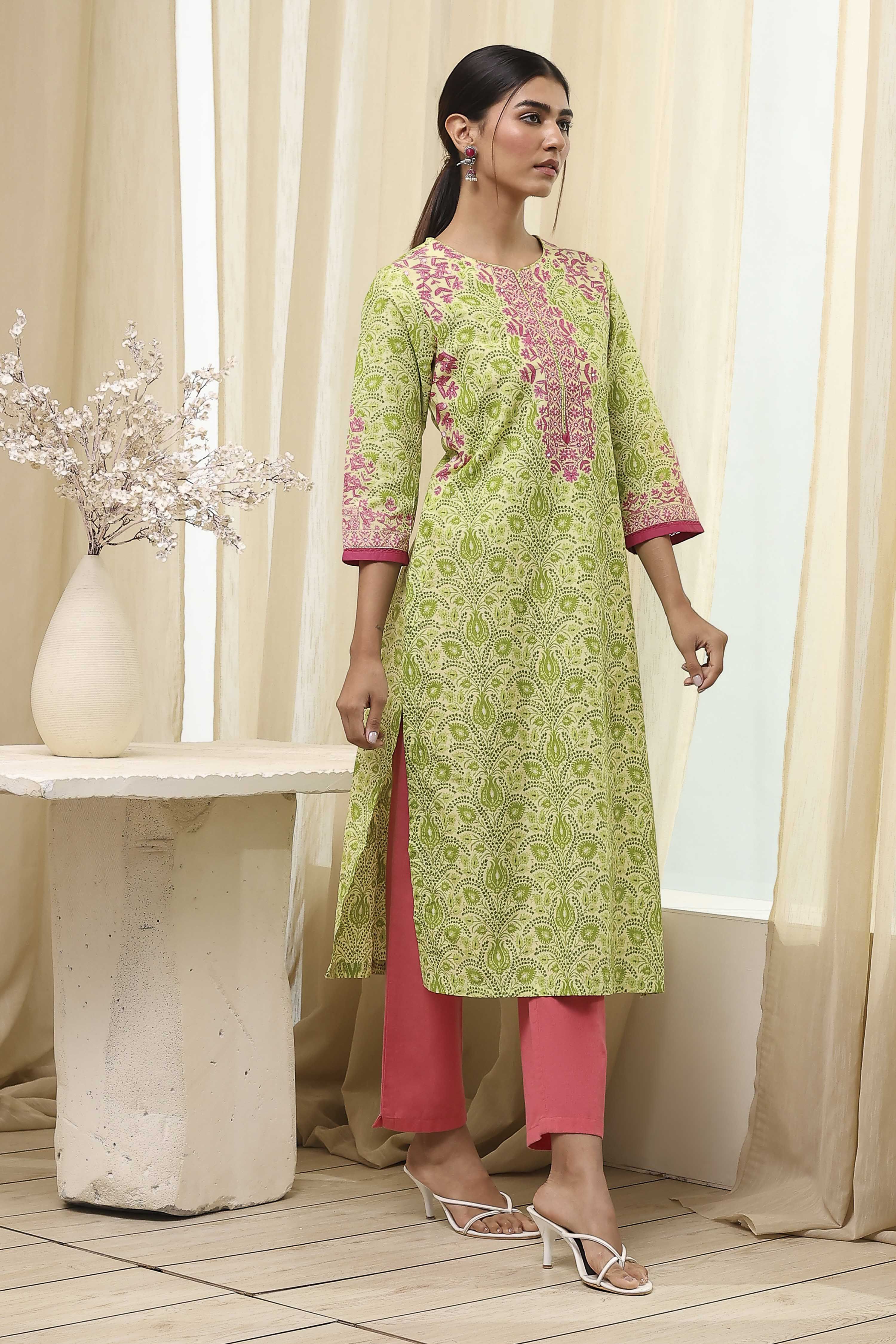 Green Cotton Printed Straight Kurta image number 4