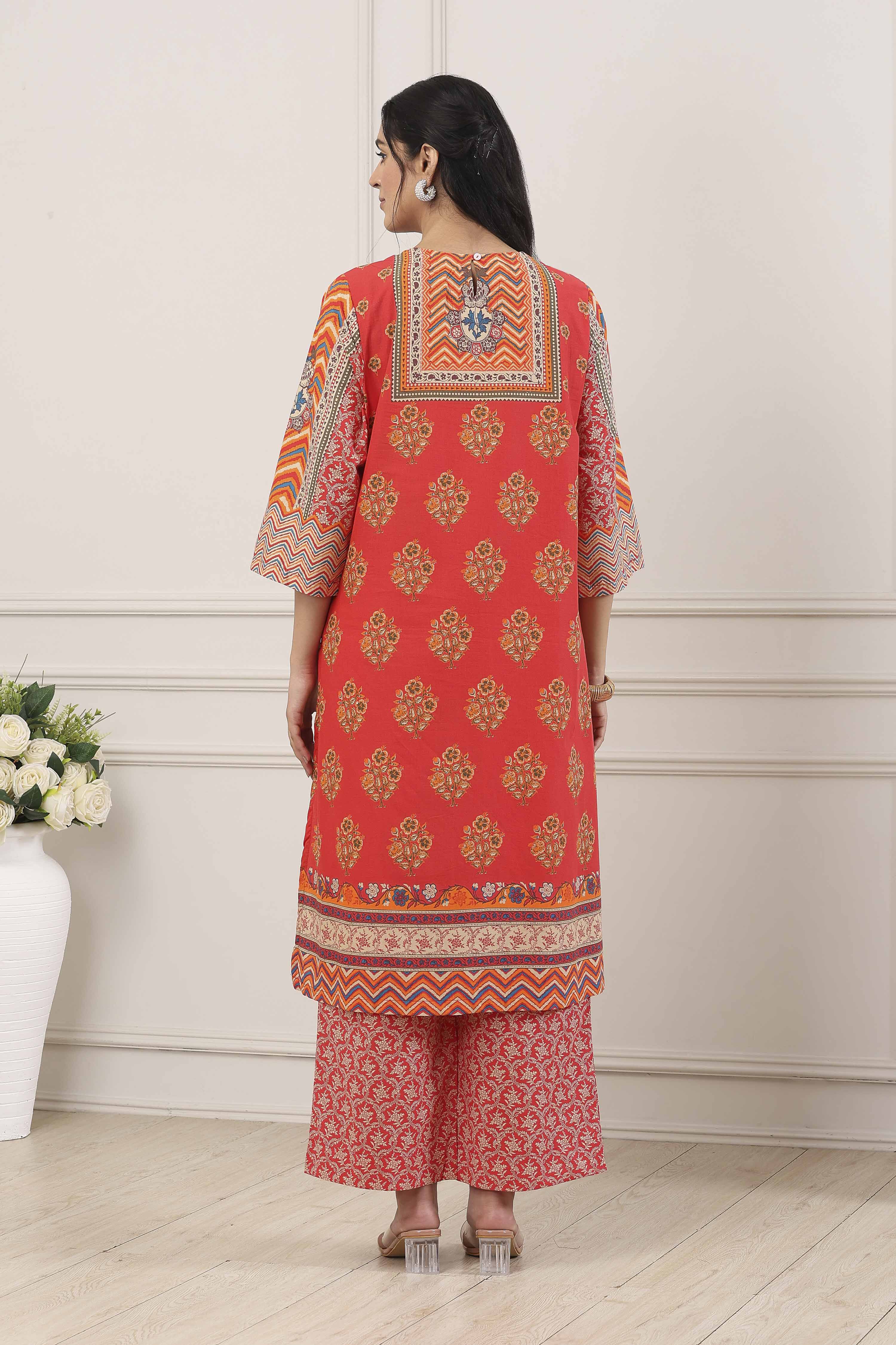Red Cotton Floral Motifs Straight Suit Set image number 4
