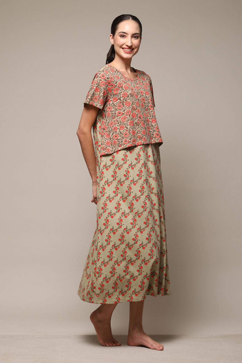 Sage Green Cotton Blend Printed Nightdress image number 3