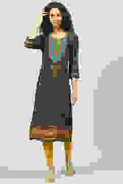 Navy LIVA Straight Printed Kurta image number 0